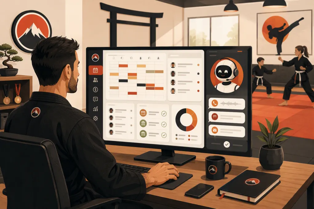 Martial arts school owner using management software while an AI receptionist handles new leads