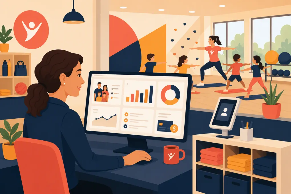 Operator reviewing enrollment and billing software at a children's fitness center