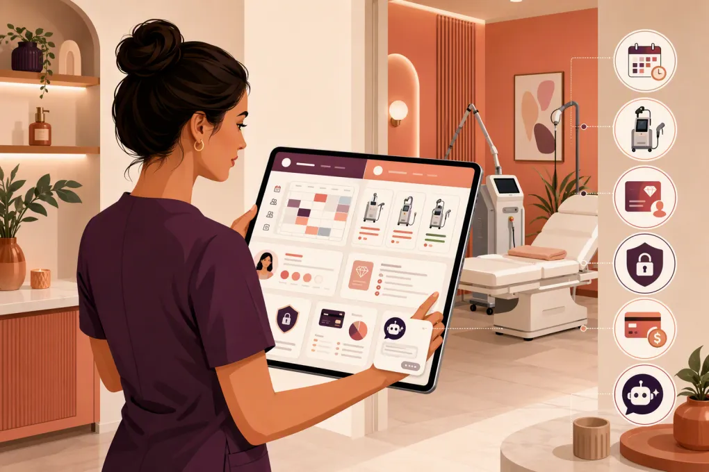 Laser clinic operator comparing scheduling, package, payment, records, and AI software