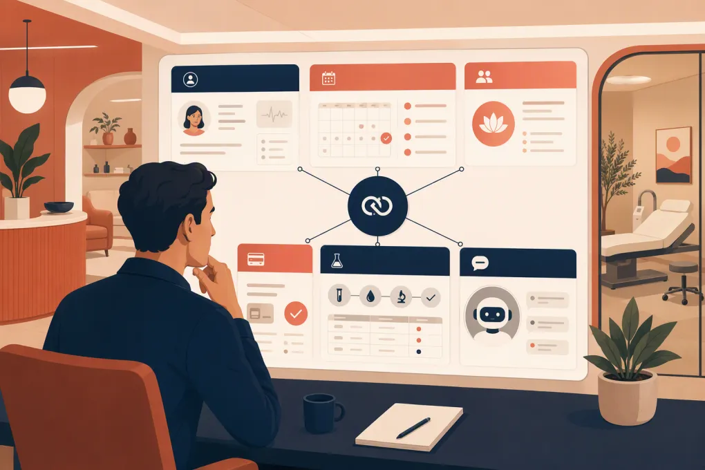 Operator comparing software for longevity clinic scheduling, memberships, clinical records, labs, and payments