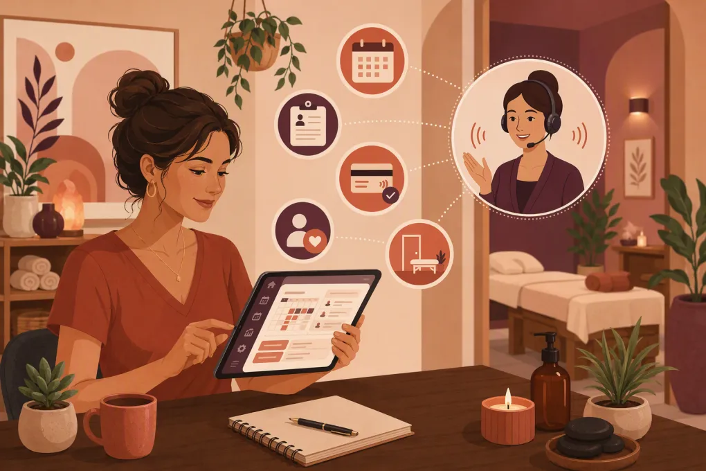 Massage therapist comparing booking, client records, payments, and AI receptionist software