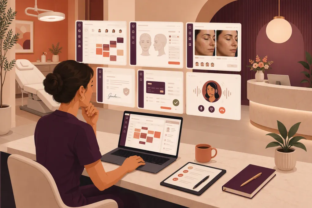 Med spa operator comparing scheduling, charting, payments and AI receptionist software