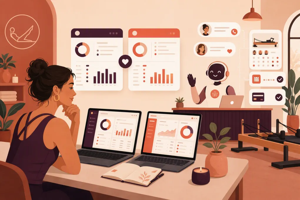 Pilates studio owner comparing booking software while an AI receptionist handles leads