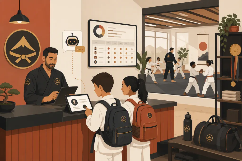 Martial arts students checking in while an instructor reviews attendance software