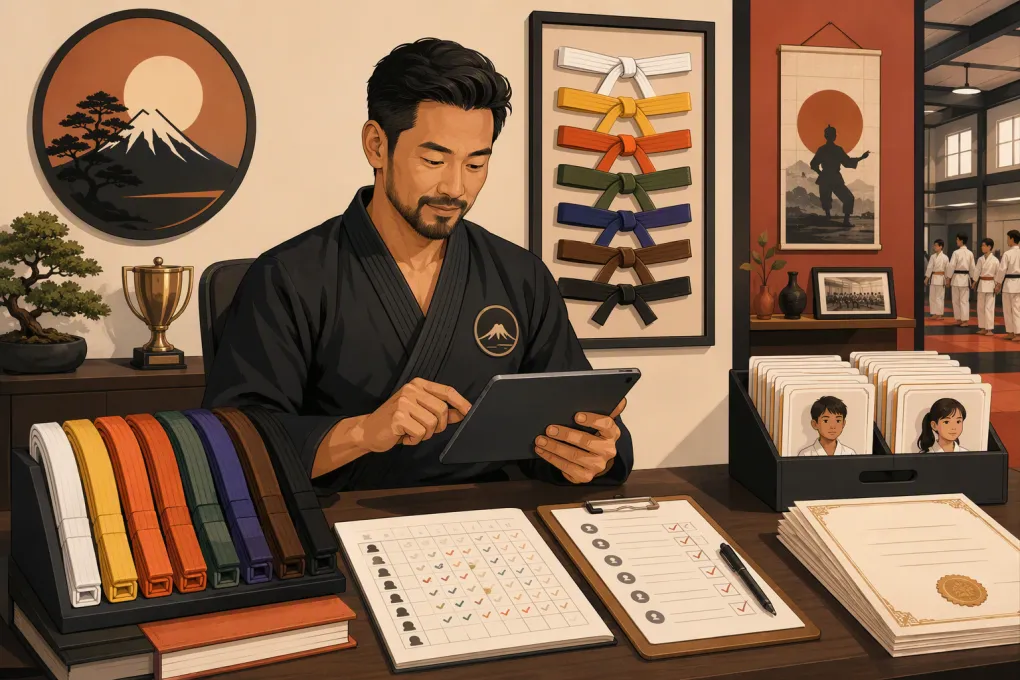 Instructor reviewing martial arts belt testing records and student promotions on a tablet