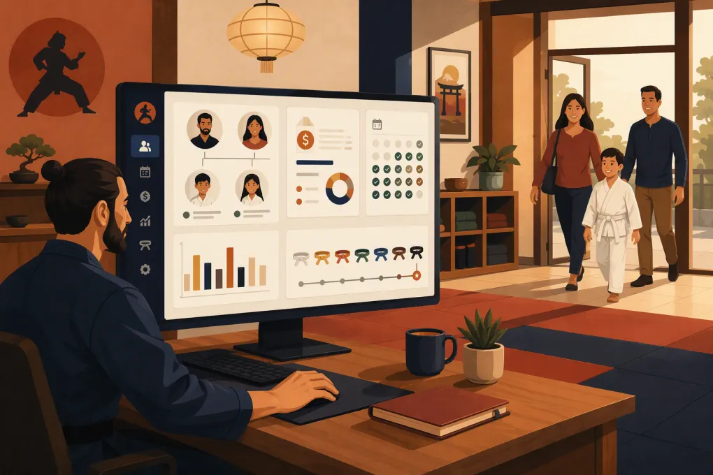Dojo operator reviewing linked family accounts, attendance, billing, and belt progression