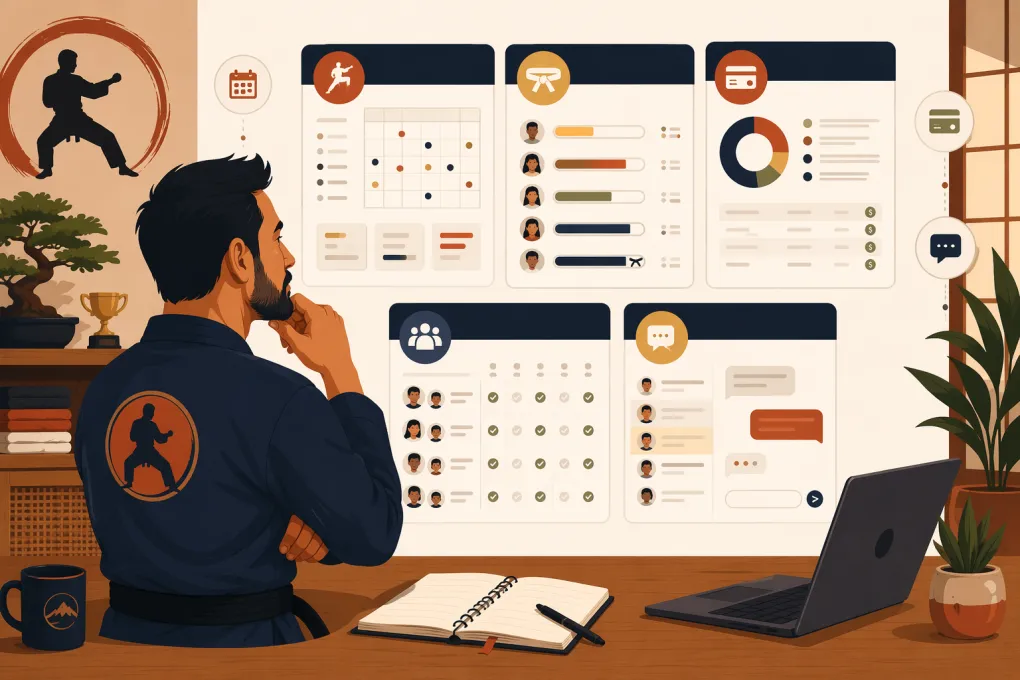 Martial arts school owner comparing scheduling, billing, attendance, and student management software