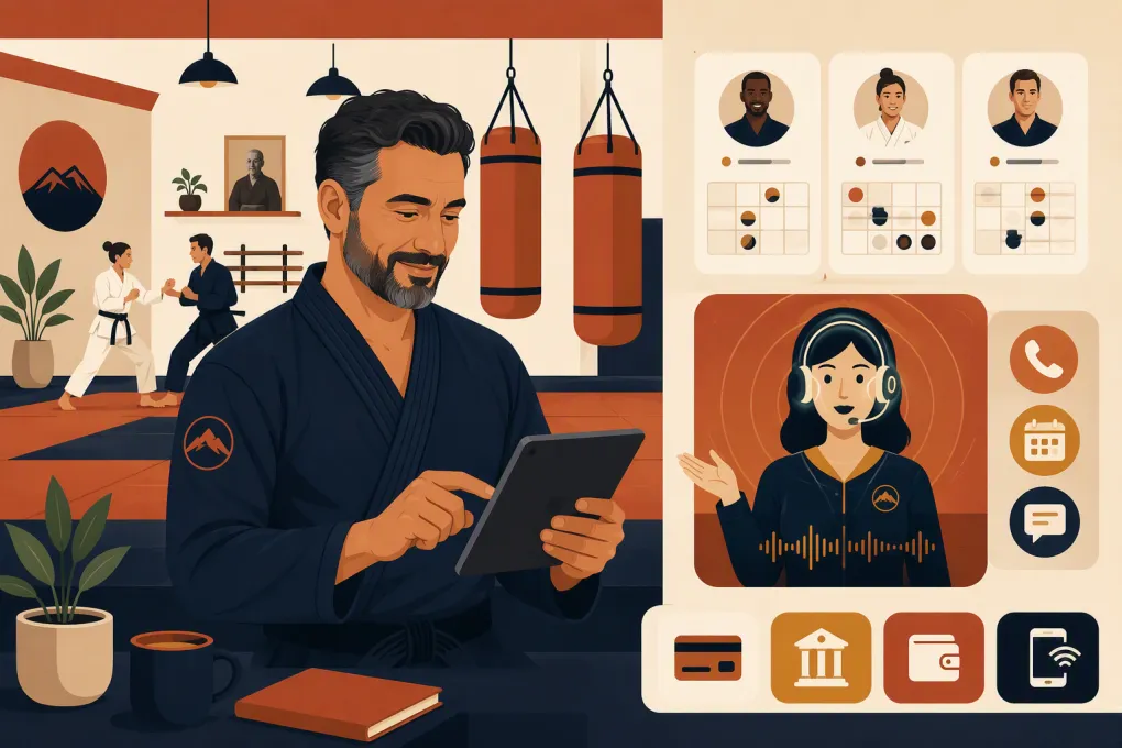 Martial arts school owner using scheduling software while an AI receptionist handles lesson inquiries