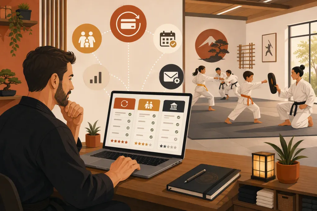 Dojo owner comparing martial arts membership billing software while students train