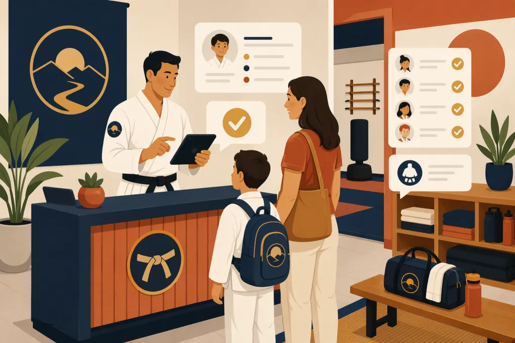 Instructor using camp management software to check in a martial arts student