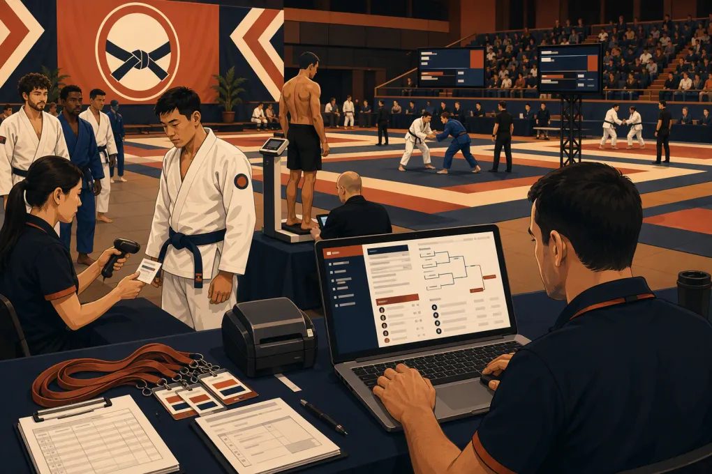 Martial arts tournament director managing registration, brackets, weigh-ins, and ring assignments