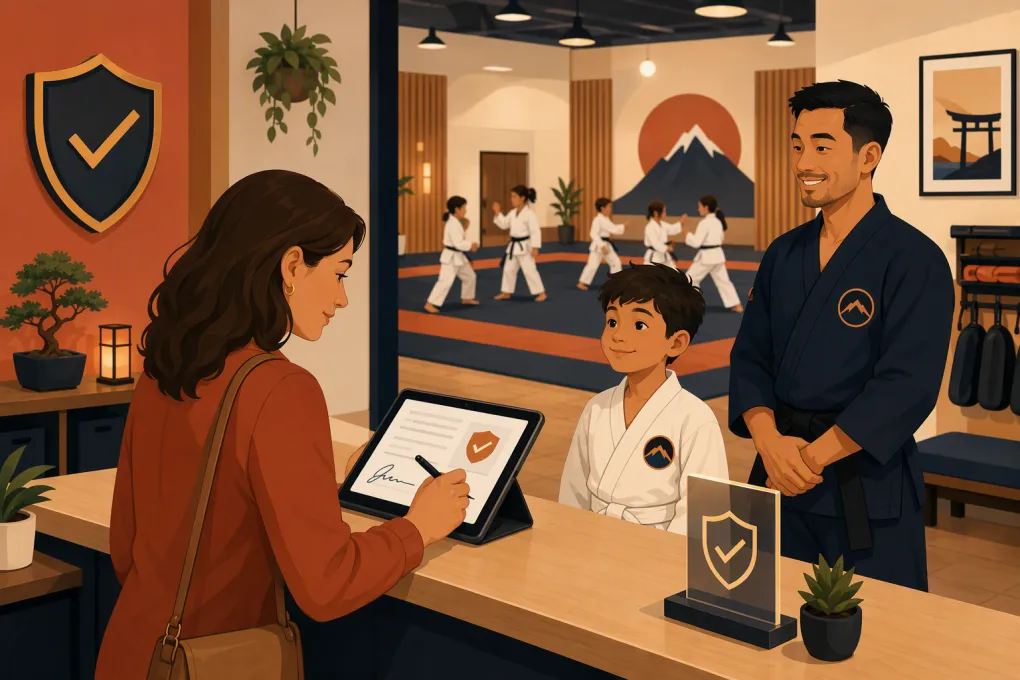 Parent signing a digital waiver at a martial arts school front desk