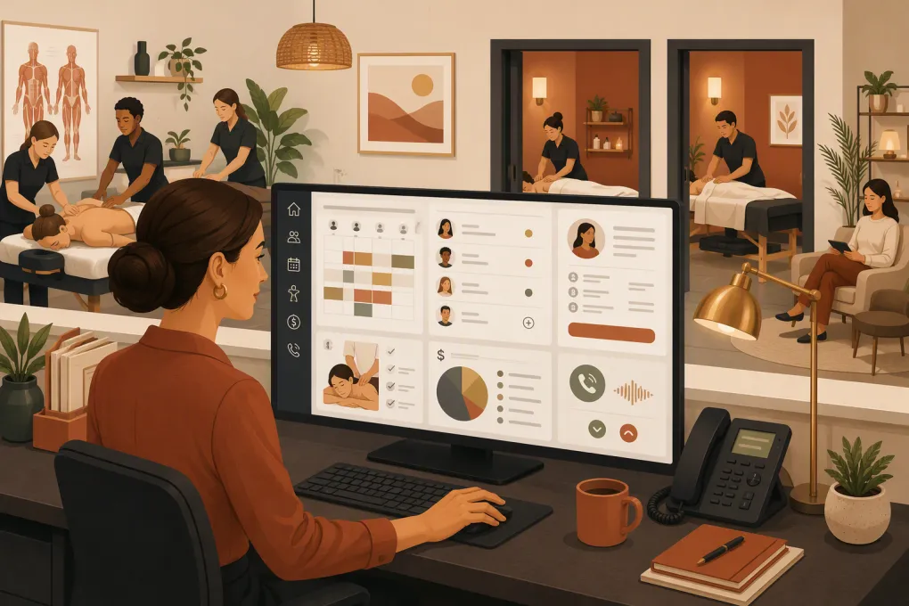Massage school administrator managing classes, clinic appointments, payments, and calls from one dashboard