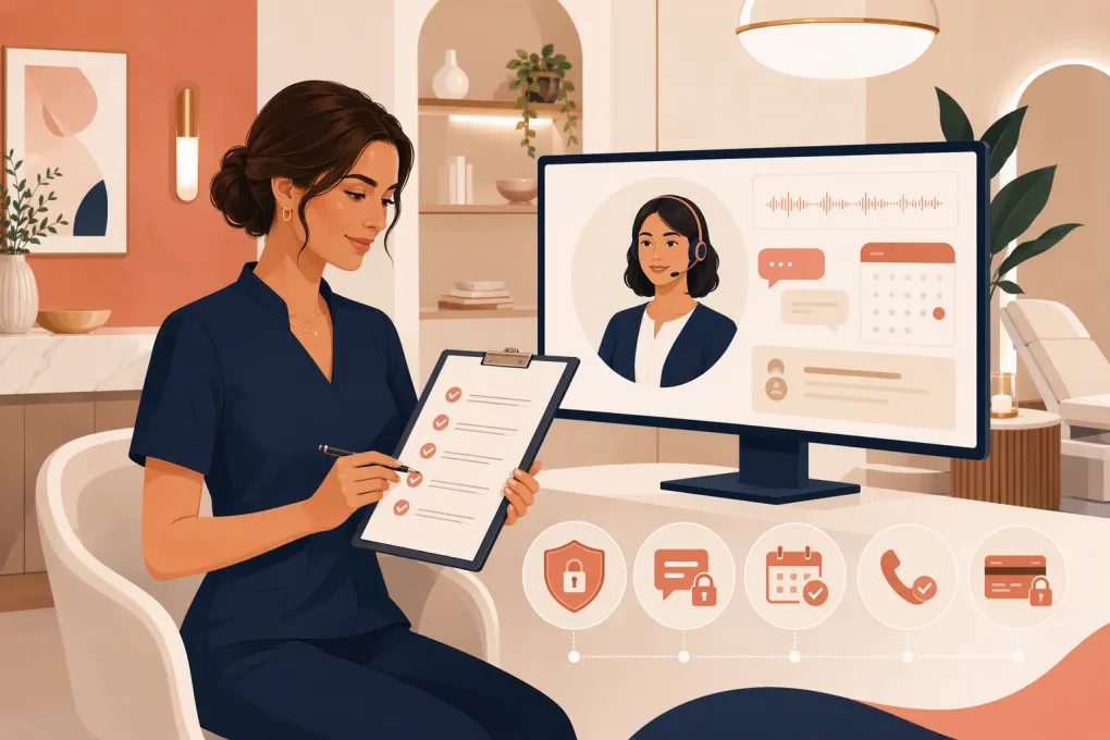 Med spa owner reviewing privacy, booking, messaging and payment controls for an AI receptionist