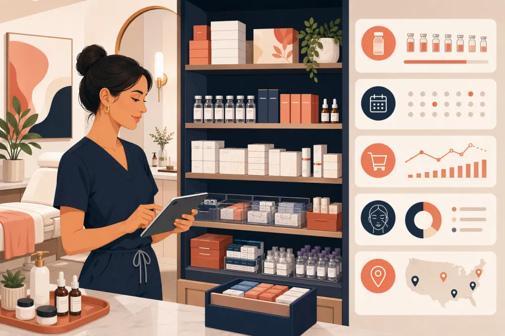 Med spa manager tracking injectable lots, expiration dates, and treatment inventory on a tablet
