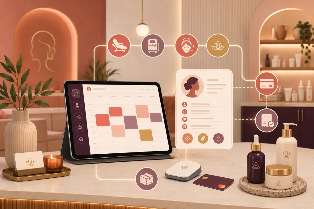 Connected booking, client management, payments, and AI workflows inside a modern medical spa