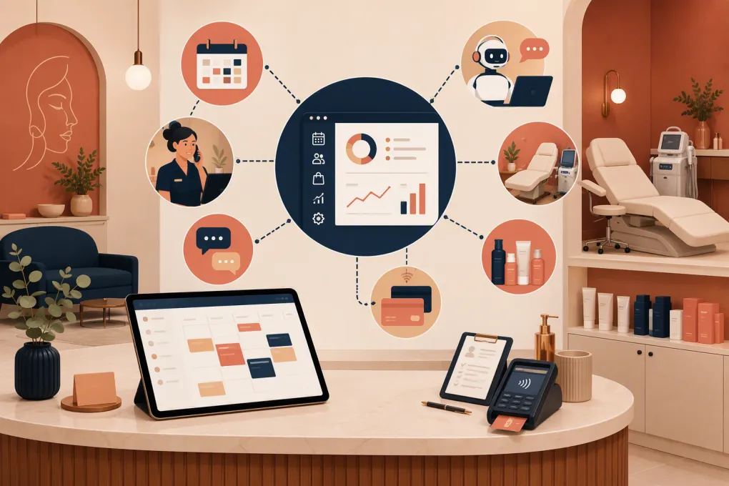 Medical spa software connecting booking, AI reception, payments, inventory, and treatment workflows