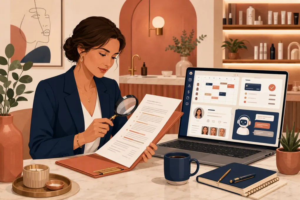 Med spa owner reviewing software contract terms beside scheduling and patient management tools