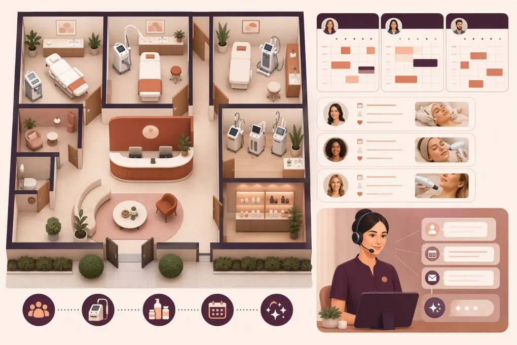 Med spa treatment rooms, equipment and providers coordinated through scheduling software