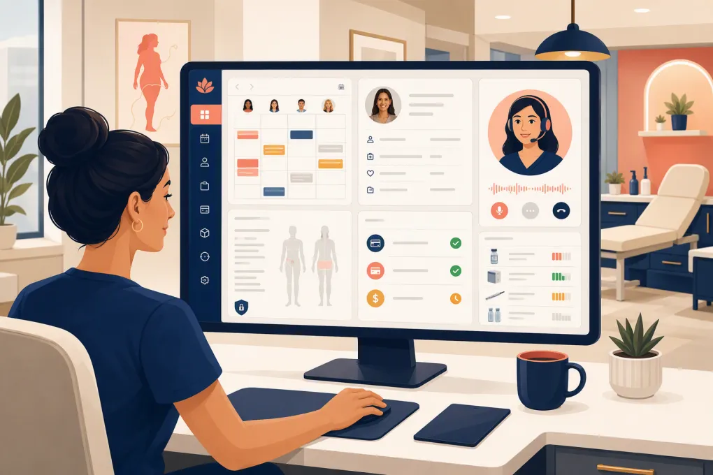 Clinic operator using medical weight loss management software with scheduling, records, payments, and AI