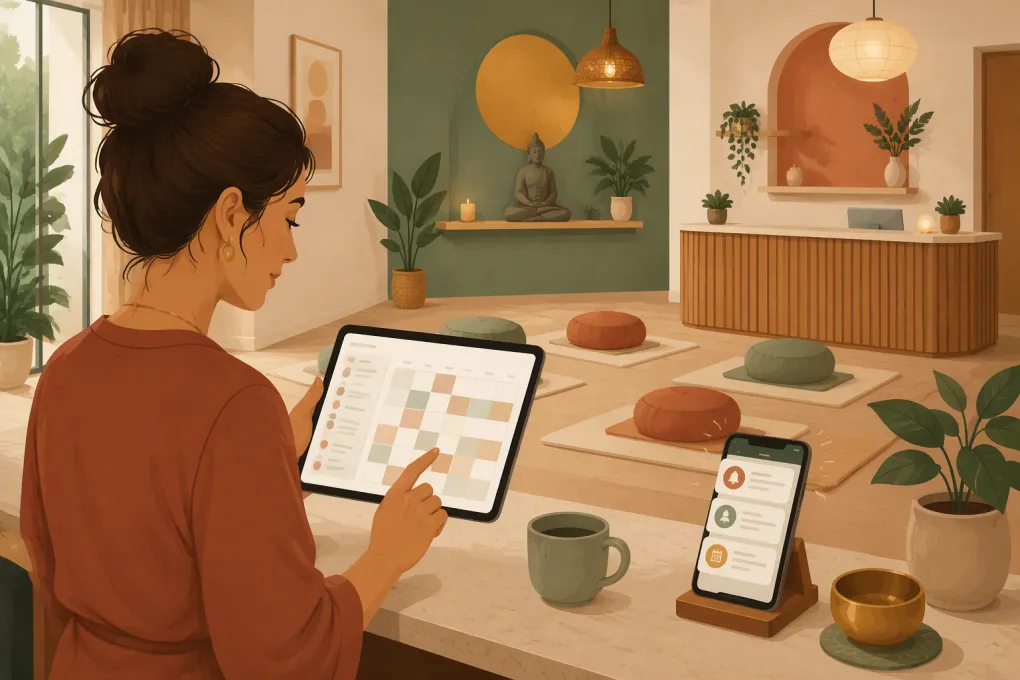 Meditation studio operator reviewing a booking calendar on a tablet