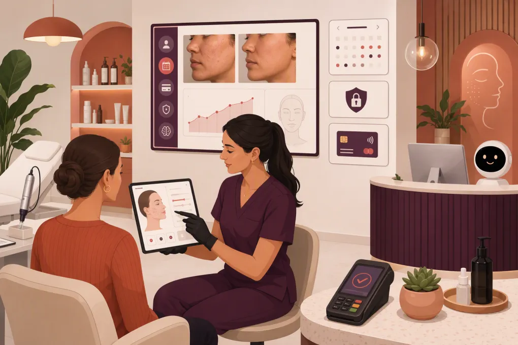 Provider reviewing scheduling, treatment records and client photos in a microneedling clinic