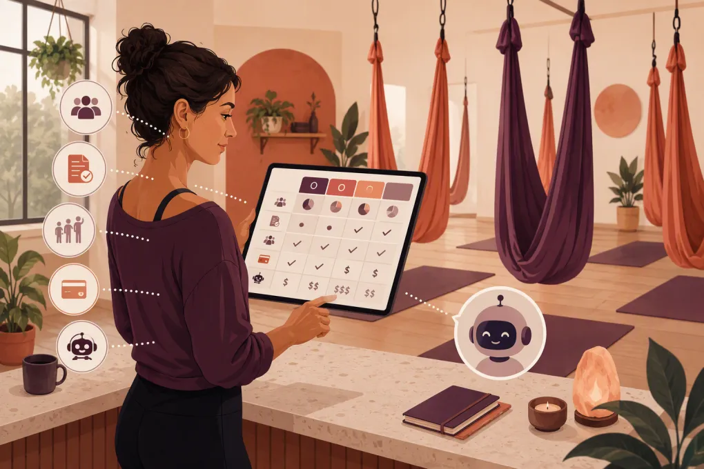 Aerial yoga owner comparing booking software beside suspended studio hammocks