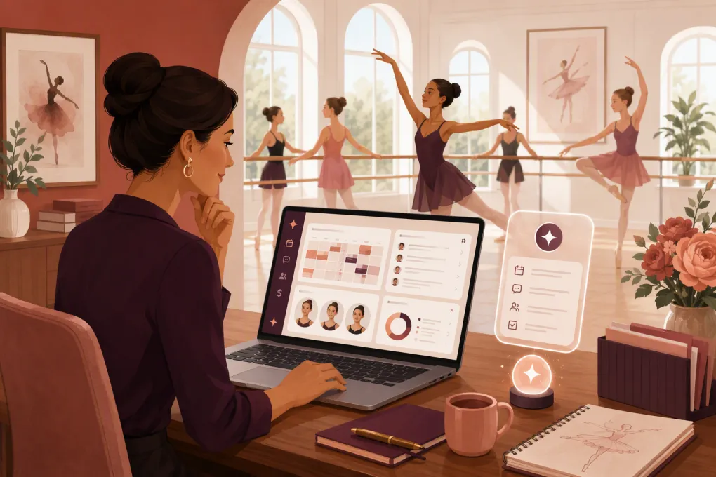 Ballet school owner managing classes, inquiries, and tuition from a studio laptop