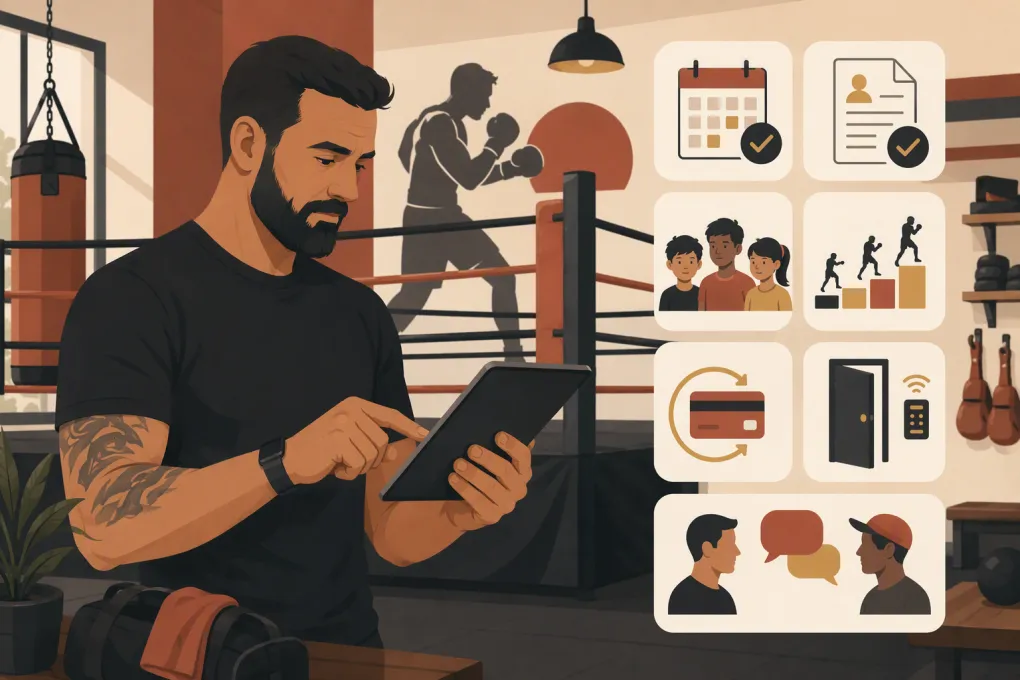 Boxing gym operator comparing booking, waivers, billing, access control and lead management tools
