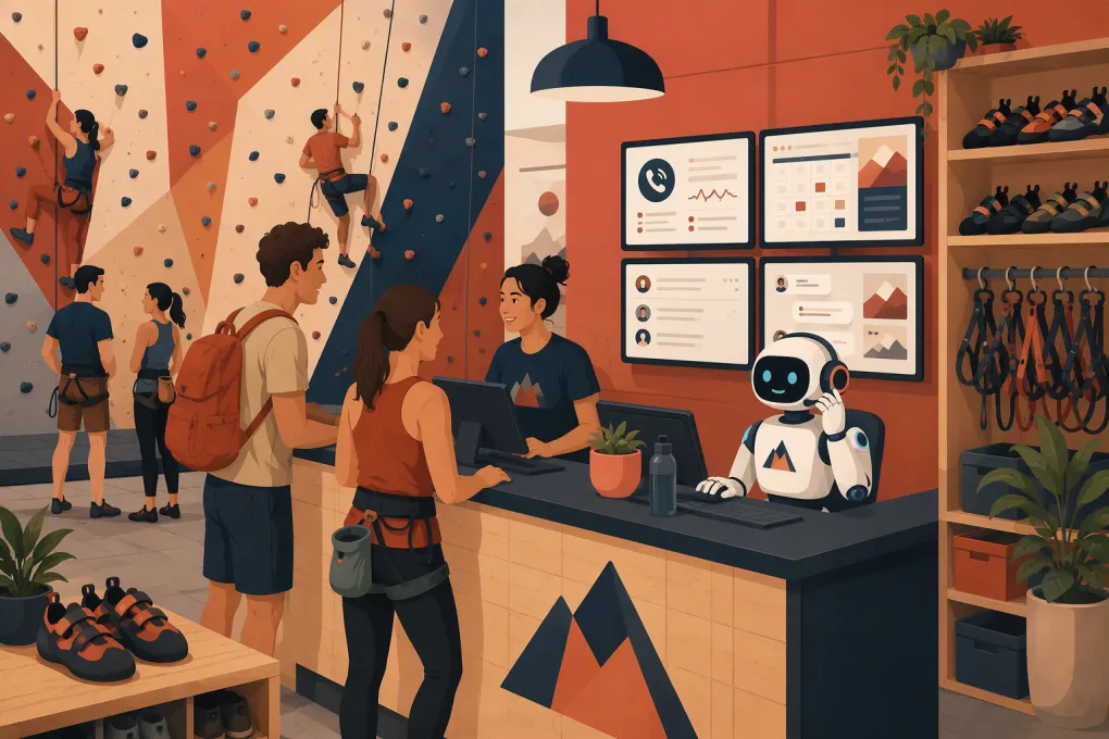 AI-assisted front desk and member check-in at an indoor climbing gym