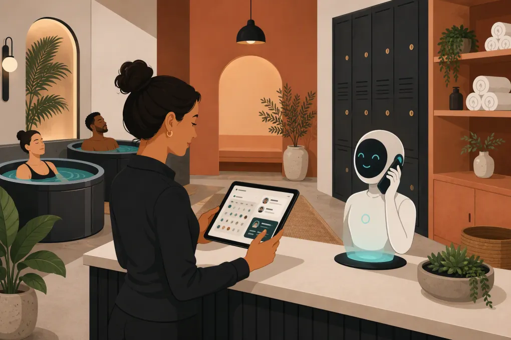 Cold plunge operator reviewing bookings while an AI receptionist handles a call