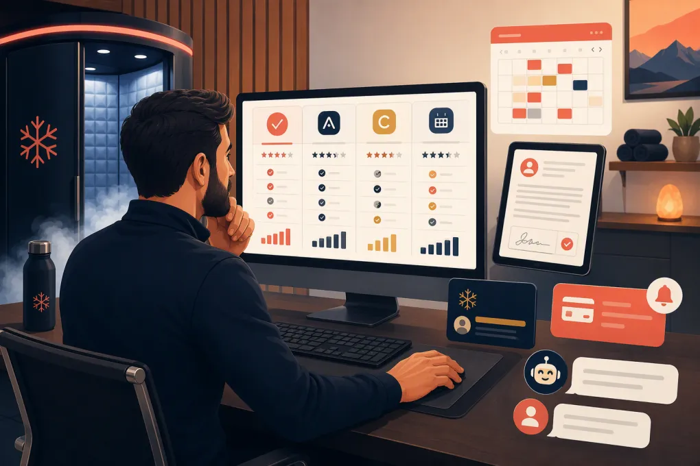 Cryotherapy operator comparing scheduling, waiver, membership, and payment software