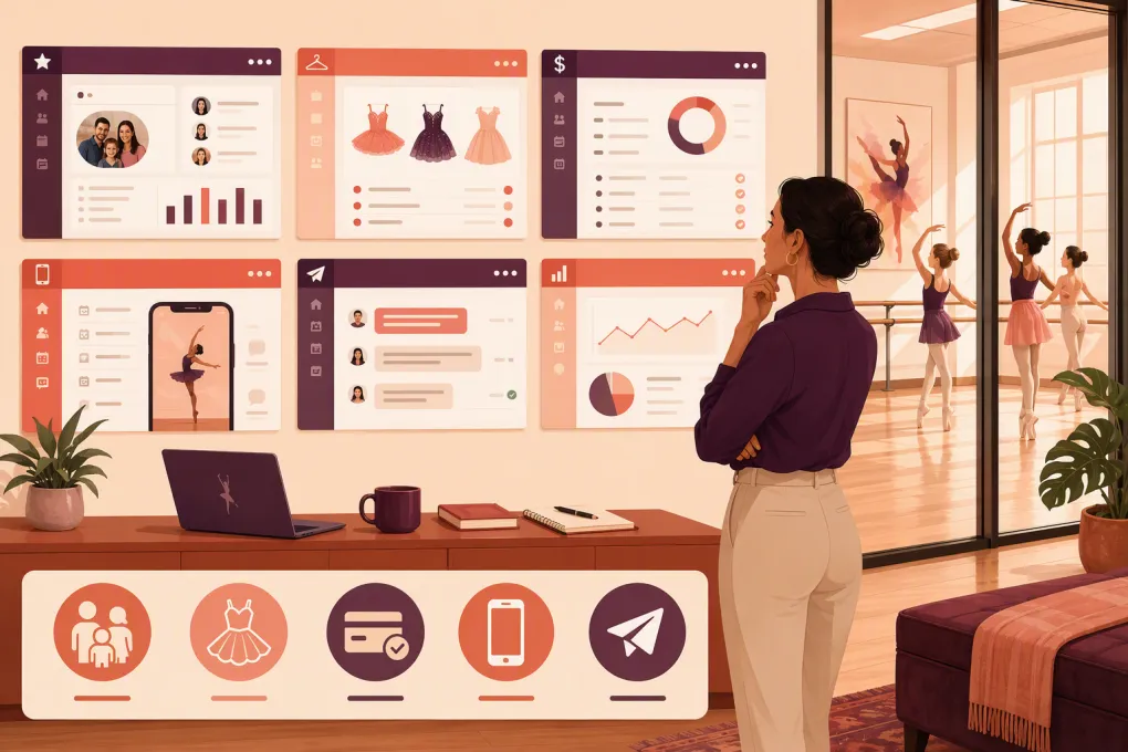 Dance studio owner comparing scheduling, billing, recital, and communication software
