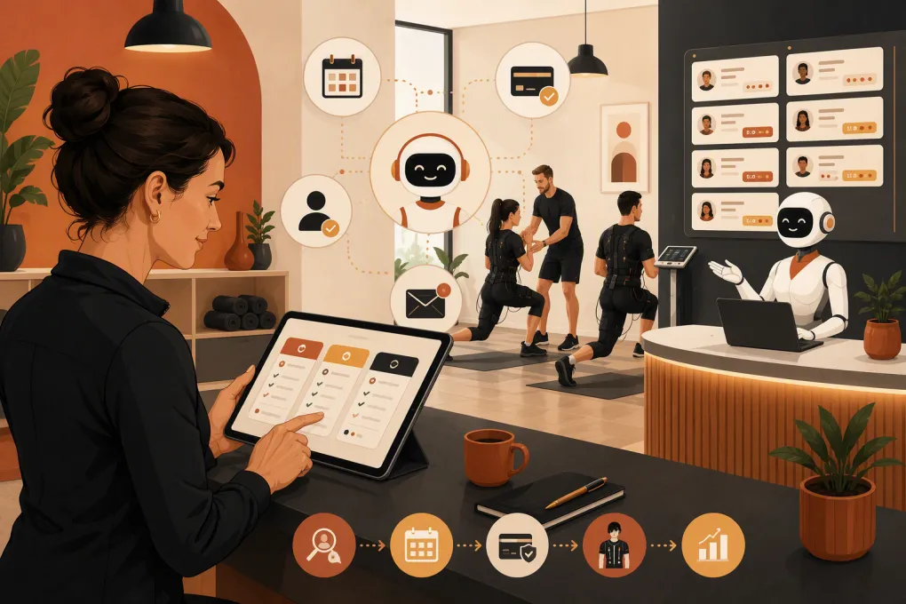 EMS studio owner comparing booking, membership and AI receptionist software