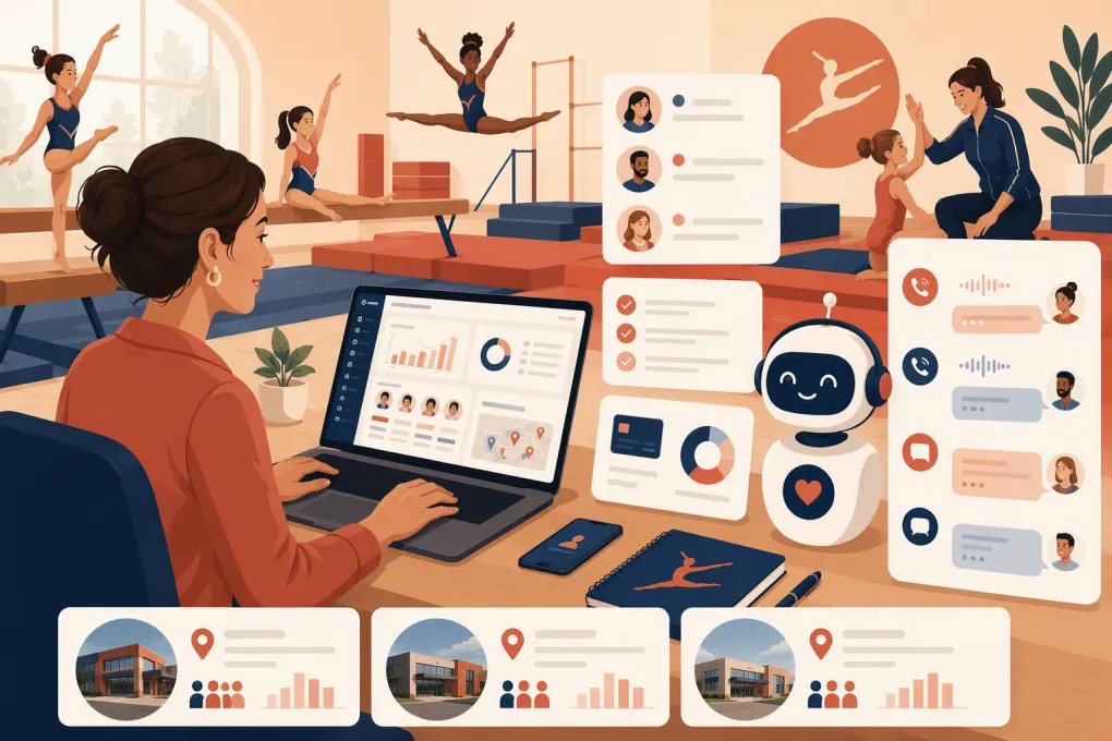 Gymnastics school operator using software while an AI receptionist handles parent inquiries