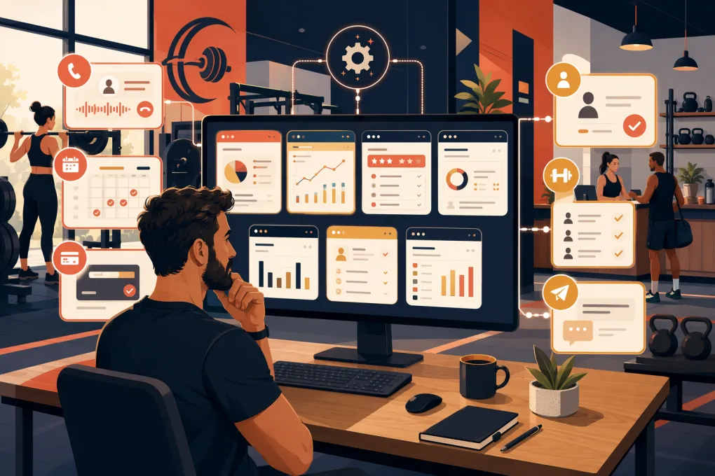 Gym owner comparing management software for bookings, billing, leads, and check-ins