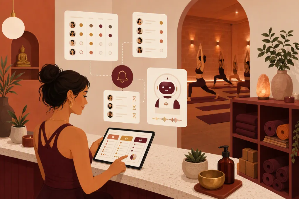 Hot yoga studio owner comparing booking and AI receptionist software
