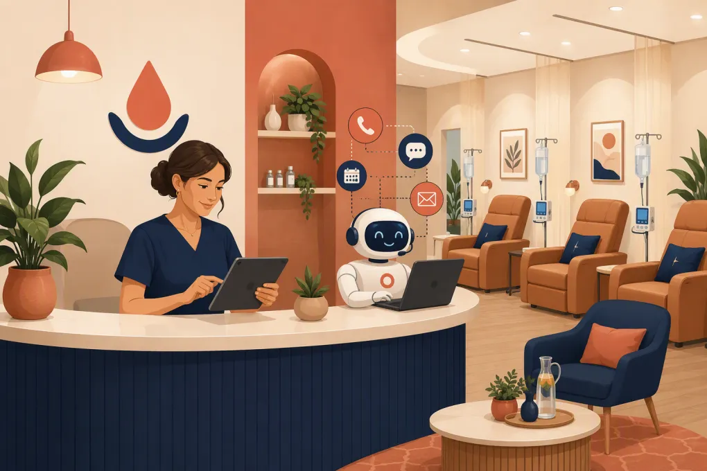 IV therapy clinic operator managing appointments with an AI receptionist and scheduling platform