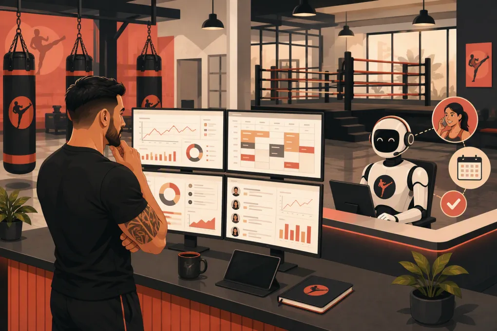 Kickboxing gym owner comparing management platforms and AI receptionist tools