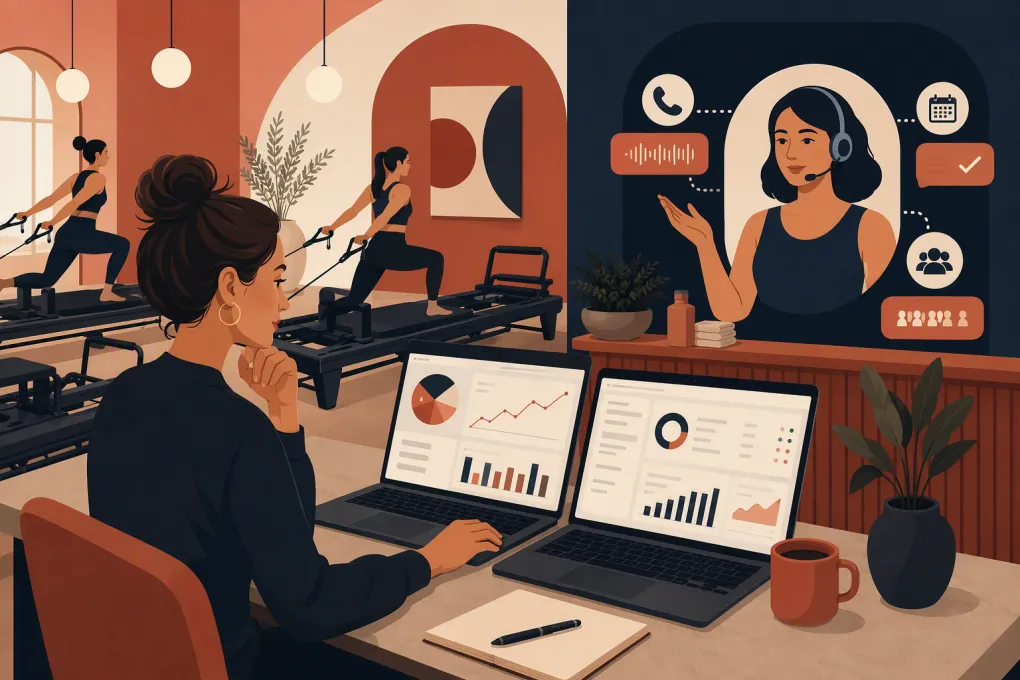 Lagree studio operator comparing booking software while an AI receptionist handles leads