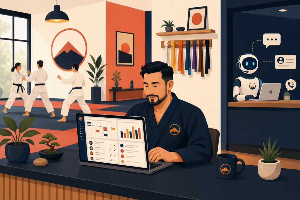 Martial arts school owner using management software while an AI assistant handles inquiries