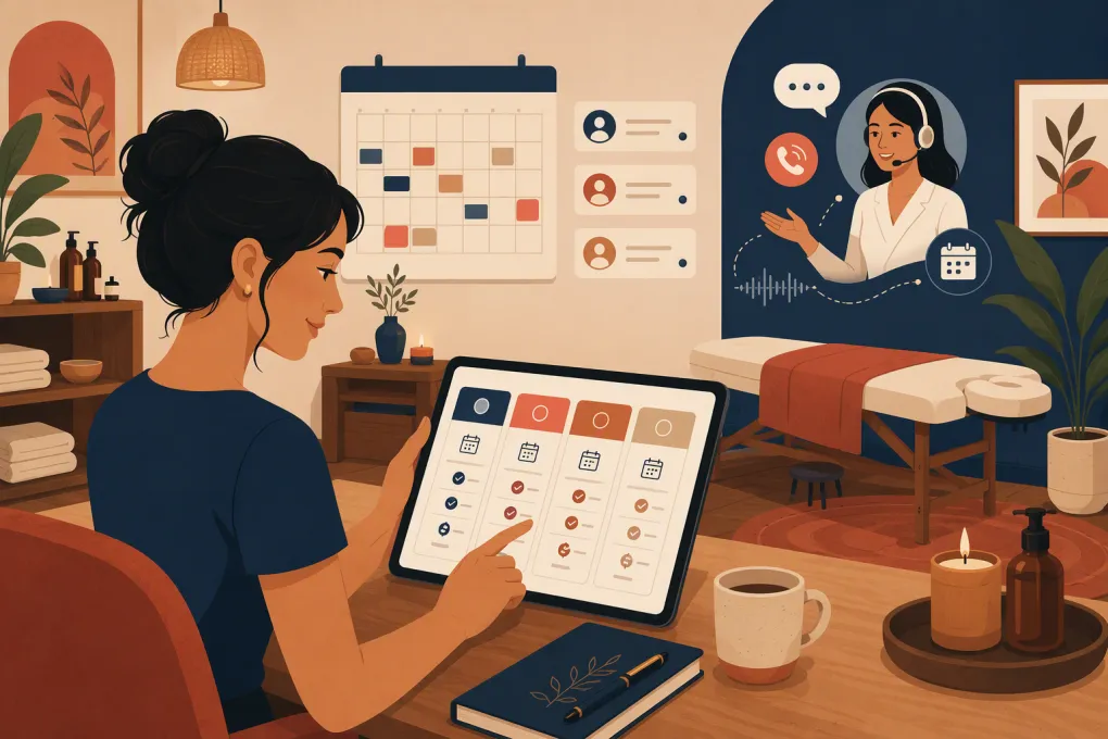 Massage studio owner comparing booking software while an AI receptionist handles inquiries