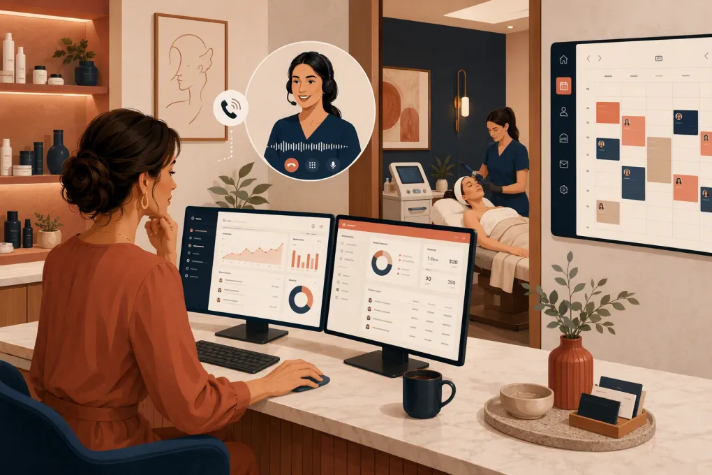 Med spa owner comparing scheduling, clinical records, payments, and AI receptionist software
