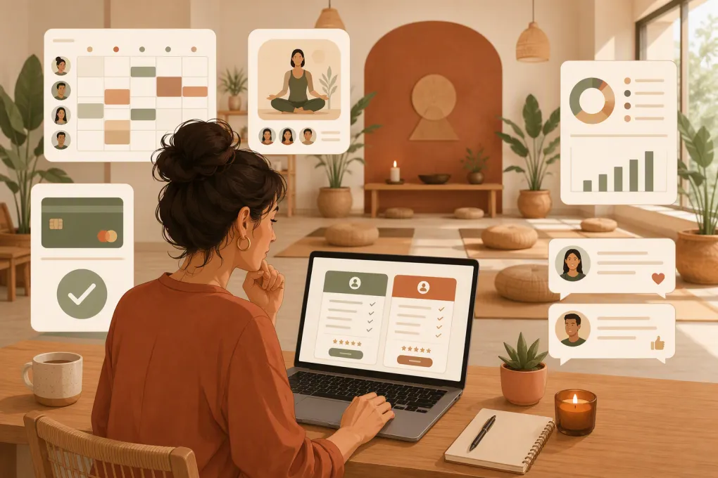 Meditation studio operator comparing booking and membership software