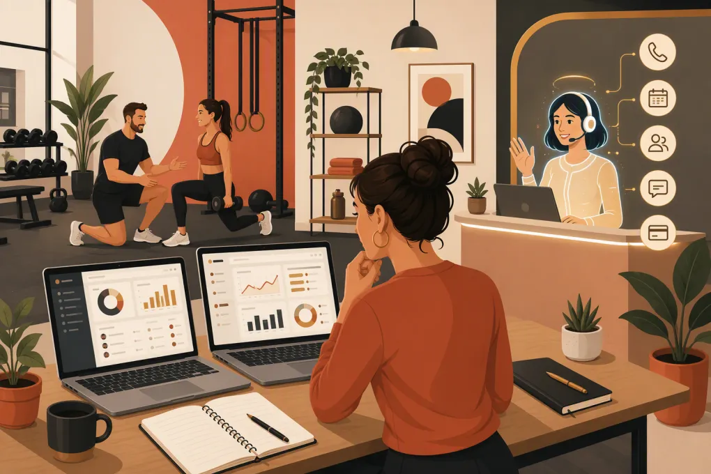 Personal training studio owner comparing management platforms while an AI receptionist handles bookings