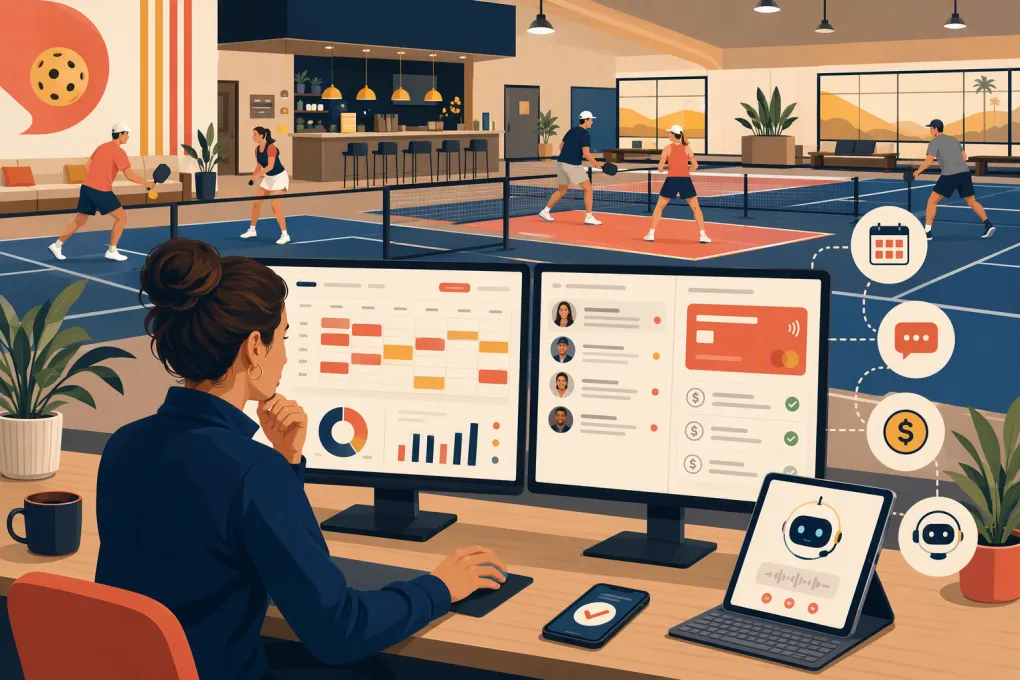 Pickleball club operator comparing booking, membership, payment and AI receptionist software