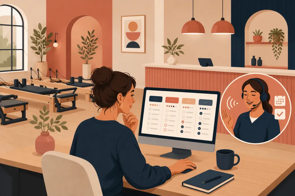 Pilates studio owner comparing booking platforms and AI reception tools