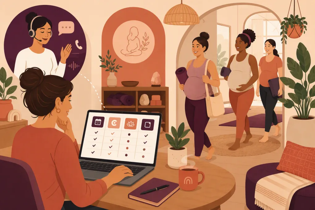 Prenatal yoga studio owner comparing booking and client management software