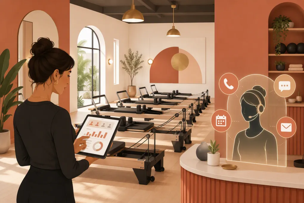 Reformer Pilates owner reviewing studio bookings with AI assistance