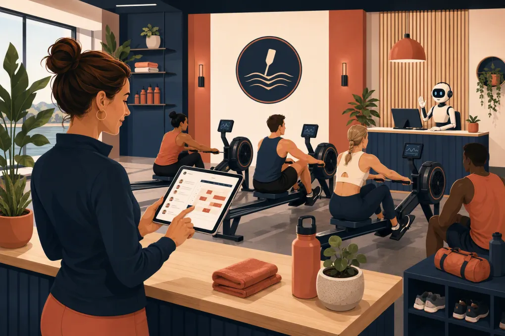 Rowing studio owner managing bookings while members train and an AI receptionist handles calls